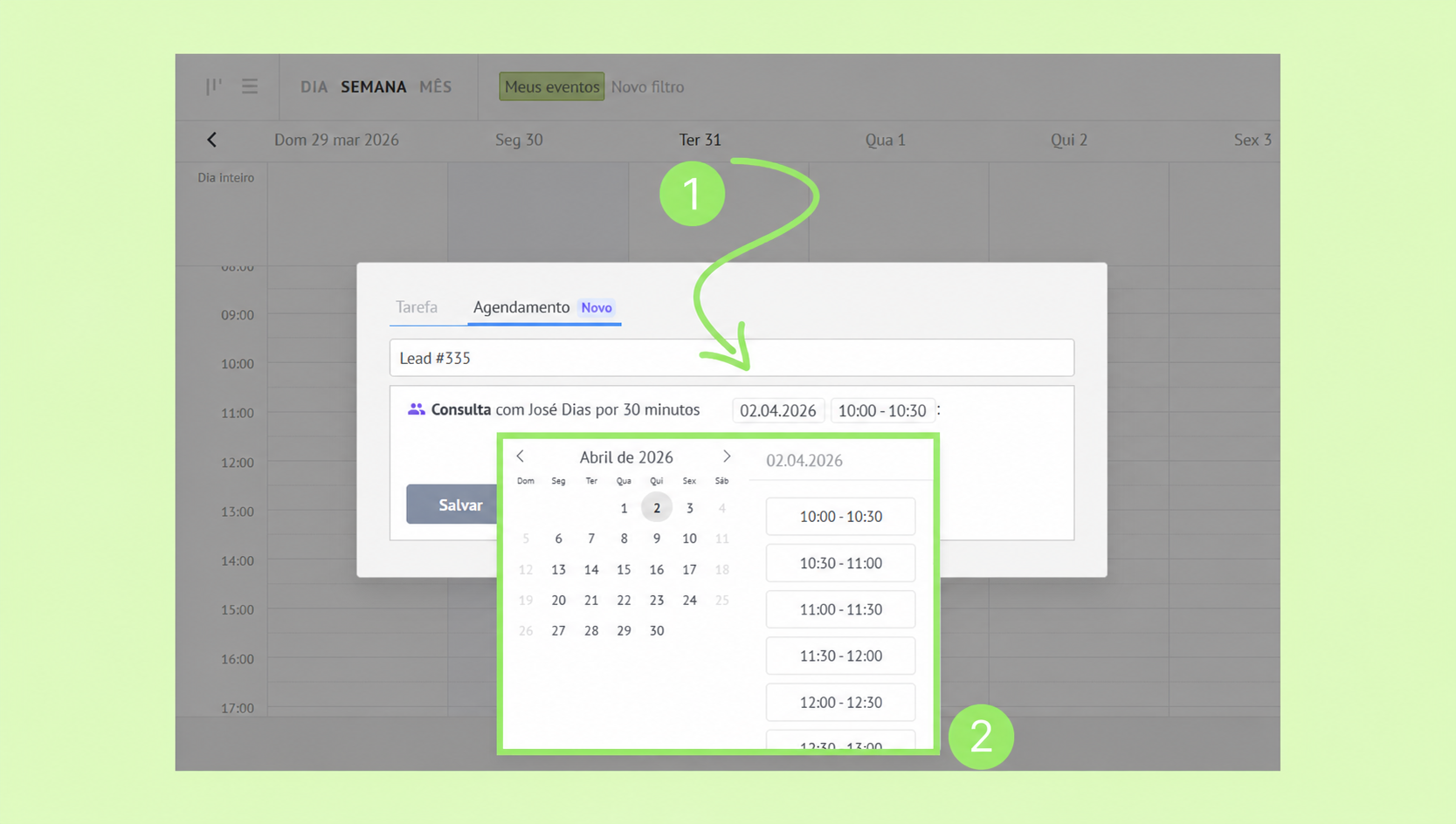 Scheduling a consultation appointment for April 2, 2026, with time selection options.